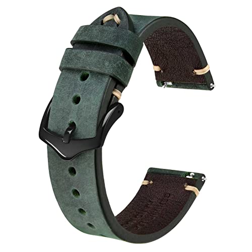 BISONSTRAP Uhrenarmband für Herren, Handgefertigte Stiche Leder Armband, Schnellverschluss, 20mm, Grün mit Schwarzer Schnalle von BISONSTRAP