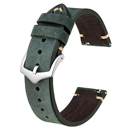 BISONSTRAP Uhrenarmband für Herren, Handgefertigte Stiche Leder Armband, Schnellverschluss, 22mm, Grün mit Silberner Schnalle von BISONSTRAP