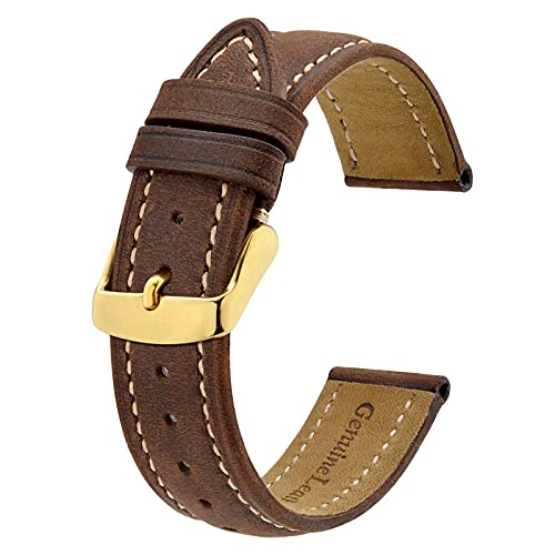 BISONSTRAP Vintage Uhrenarmbänder mit Gold Schnalle, Leder Ersatzband 18mm (Braun/Beige Faden) von BISONSTRAP