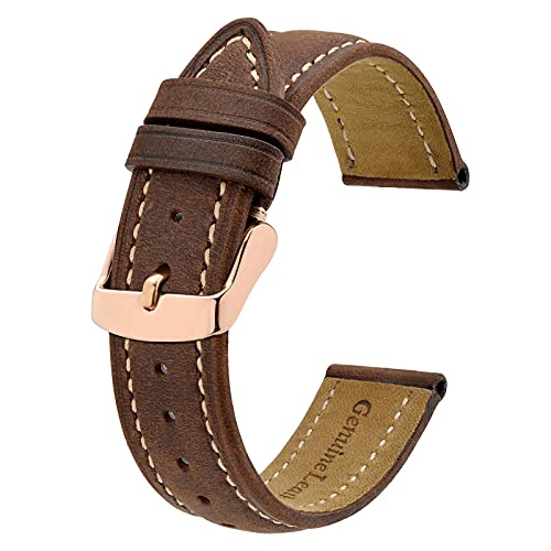 BISONSTRAP Vintage Uhrenarmbänder mit Roségold Schnalle, Leder Ersatzband 15mm (Braun/Beige Faden) von BISONSTRAP