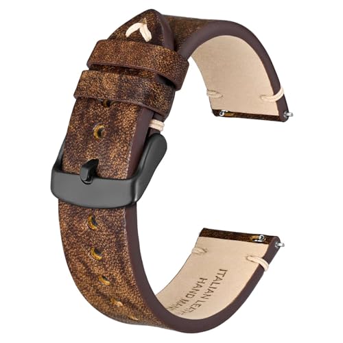 BSIONSTRAP Antike Uhrenarmband für Herren, Italienisches Leder, Schnellverschluss Armband, Kompatibel mit Uhrenanstoßbreiten von 18 mm, Karamellbraun (Schwarze Schnalle) von BISONSTRAP