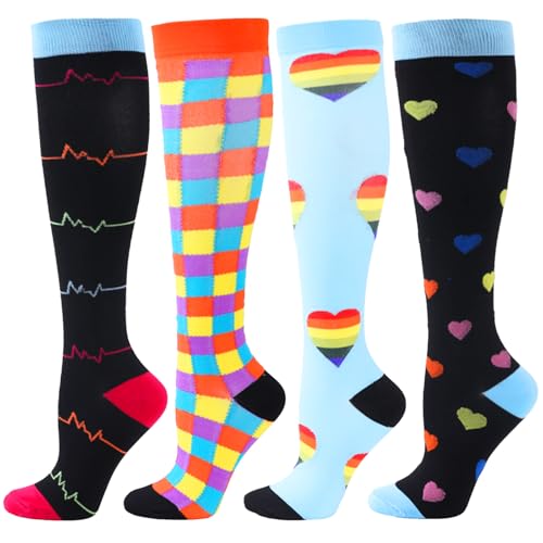 BISOUSOX 15-20 mmHg Kniehohe Kompressionsstrümpfe Damen Herren 4 Paare Sport Laufen Kompressionsstrümpfe Stützkniestrümpfe Damen Fashion Fahrradsocken Geschenk für Männer Frauen Schwangerschaft von BISOUSOX