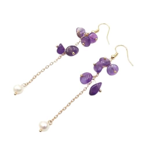 Edelstein Ohrringe Damen,Goldene Baumelnde Damenohrringe Mit Amethystkies-Quastenperlen – Klassische Lange Ohrringe Für Den Alltag von BITONG