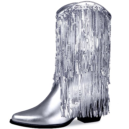 BIUBAKUA Damen Cowboystiefel mit Fransen, metallisch, spitzer Zehenbereich, klobig, mit Quaste, wadenhoch, silber, 43 EU BIUBAKUA Damen Cowboystiefel mit Fransen, metallisch, spitzer Zehenbereich, klobig, mit Quaste, wadenhoch, silber, 43 EU von BIUBAKUA