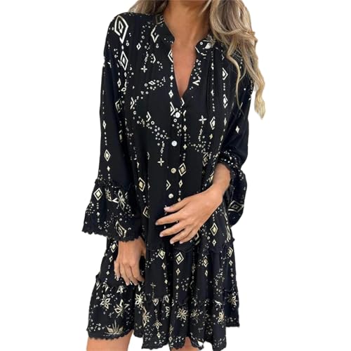 BIUBIULOVE Bequemes Midikleid Mit V-Ausschnitt Und Geometrischem Aufdruck Für Damen, Langes, Fließendes Kleid Mit Knopfleiste Und Ausgestelltem Bein (Schwarz,L) von BIUBIULOVE