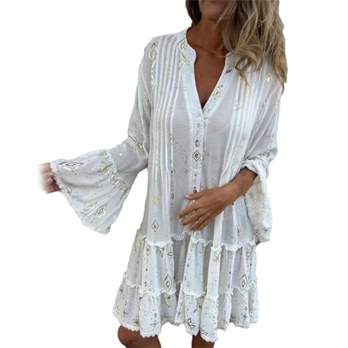 BIUBIULOVE Bequemes Midikleid Mit V-Ausschnitt Und Geometrischem Aufdruck Für Damen, Langes, Fließendes Kleid Mit Knopfleiste Und Ausgestelltem Bein (Weiß,XL) von BIUBIULOVE