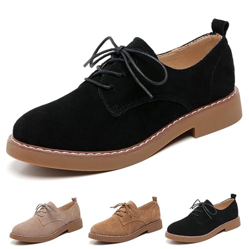 BIUBIULOVE Damenschuhe Aus Leder Im Retro-Stil Mit Flachem Absatz, Oxford-Schnürschuhe Für Damen, Oxford-Schuhe Im Retro-Stil Mit Runder Spitze Und Rutschfester Sohle (Schwarz,37) von BIUBIULOVE