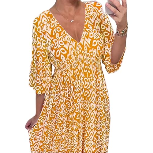 BIUBIULOVE Janisie – Böhmisches, Lässiges, Langes Kleid Mit V-Ausschnitt Und Geraffter Taille, Damen-Midikleid Mit Blumenmuster Für Frühling Und Sommer 2024, Lange Boho-Flowy-Urlaubskleider (Gelb,L) von BIUBIULOVE
