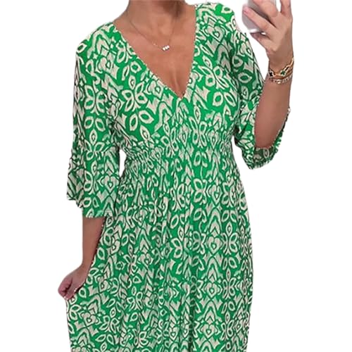 BIUBIULOVE Janisie – Böhmisches, Lässiges, Langes Kleid Mit V-Ausschnitt Und Geraffter Taille, Damen-Midikleid Mit Blumenmuster Für Frühling Und Sommer 2024, Lange Boho-Flowy-Urlaubskleider (Grün,S) von BIUBIULOVE
