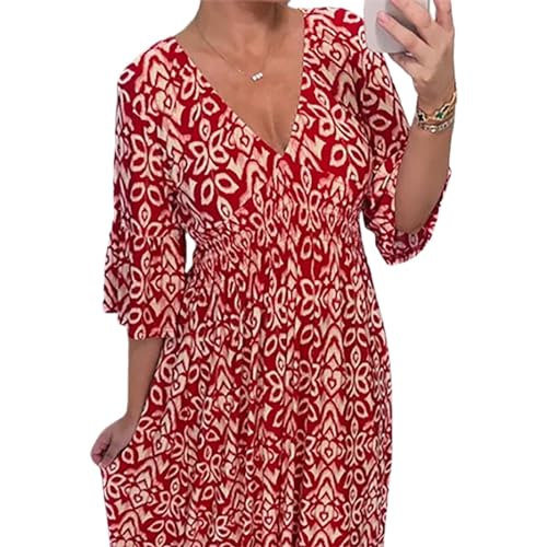 BIUBIULOVE Janisie – Böhmisches, Lässiges, Langes Kleid Mit V-Ausschnitt Und Geraffter Taille, Damen-Midikleid Mit Blumenmuster Für Frühling Und Sommer 2024, Lange Boho-Flowy-Urlaubskleider (Rot,5XL) von BIUBIULOVE