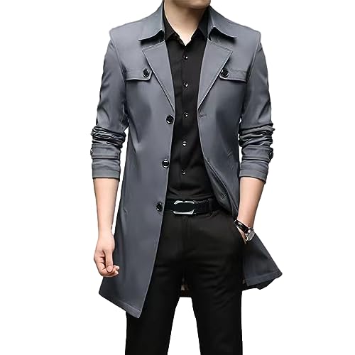 BIUBIULOVE Mittellanger Trenchcoat Im Business-Stil, Herren-Trenchcoat, Schmale Passform, Gekerbtes Revers, Einreihiger Leichter Windjacke, Winddichter Mantel (Grau,L) von BIUBIULOVE