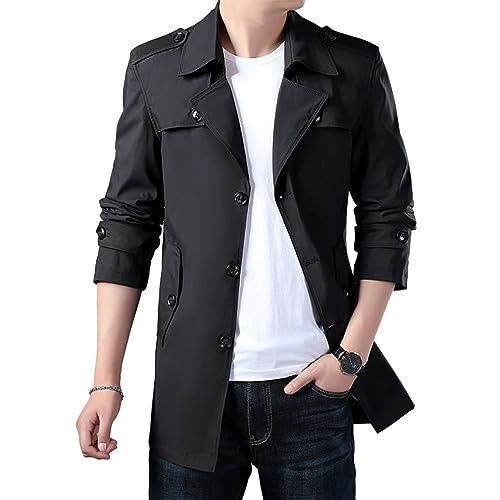 BIUBIULOVE Mittellanger Trenchcoat Im Business-Stil, Herren-Trenchcoat, Schmale Passform, Gekerbtes Revers, Einreihiger Leichter Windjacke, Winddichter Mantel (Schwarz,M) von BIUBIULOVE