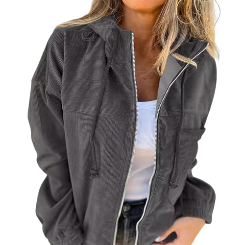 BIUBIULOVE Schicke Und Gemütliche Wolljacke, Cordjacke Für Damen, Kapuzenpullover Mit Reißverschluss Für Damen, Langärmlige Kapuzenpullover Mit Tasche (Grau,S) von BIUBIULOVE