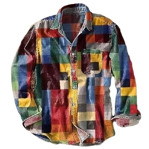 BIUBIULOVE Unisex-Hemd Mit Schlichtem Regenbogen-Karomuster Und Vintage-Print, Langärmliges Button-Down-Hemd Mit Revers, Kontrastierende Knopfhemden Mit Tasche (Bunt,M) von BIUBIULOVE