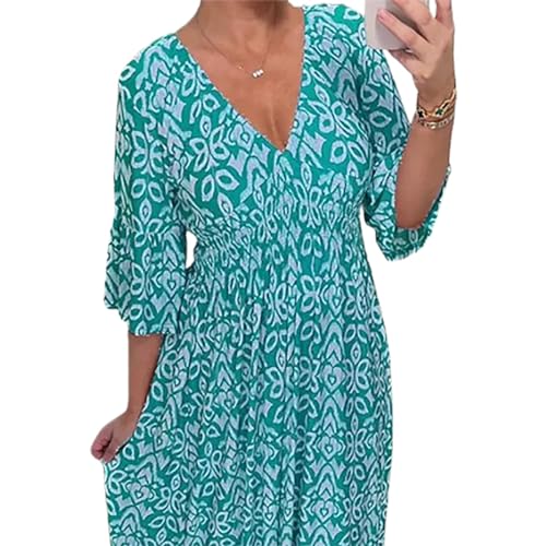 Janisie – Böhmisches, Lässiges, Langes Kleid Mit V-Ausschnitt Und Geraffter Taille, Damen-Midikleid Mit Blumenmuster Für Frühling Und Sommer 2024, Lange Boho-Flowy-Urlaubskleider (Blau,5XL) von BIUBIULOVE