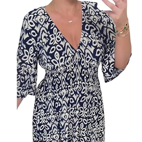 Janisie – Böhmisches, Lässiges, Langes Kleid Mit V-Ausschnitt Und Geraffter Taille, Damen-Midikleid Mit Blumenmuster Für Frühling Und Sommer 2024, Lange Boho-Flowy-Urlaubskleider (Navy blau,5XL) von BIUBIULOVE