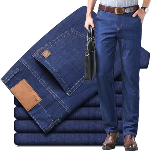 Leichte Sommerjeans Für Herren, Jeans Für Ältere Männer, Klassische High Waist Straight Fit Stretchjeans, Lockere Passform & Gerader Schnitt, Business- & Dad-Style (Dunkelblau,33) von BIUBIULOVE