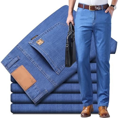 Leichte Sommerjeans Für Herren, Jeans Für Ältere Männer, Klassische High Waist Straight Fit Stretchjeans, Lockere Passform & Gerader Schnitt, Business- & Dad-Style (Hellblau,40) von BIUBIULOVE