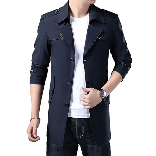 Mittellanger Trenchcoat Im Business-Stil, Herren-Trenchcoat, Schmale Passform, Gekerbtes Revers, Einreihiger Leichter Windjacke, Winddichter Mantel (Blau,3XL) von BIUBIULOVE