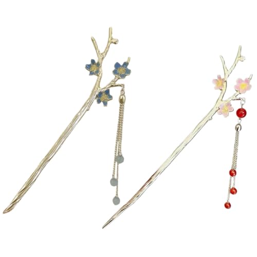 BIUDECO 2 Stück Teiliges Chinesische Haarstäbchen Metall mit Pflaumenblüten Design Haarnadeln mit Quaste Geeignet für Hochsteckfrisuren Stilvoller Haarschmuck für Damen mit Langem Haar von BIUDECO