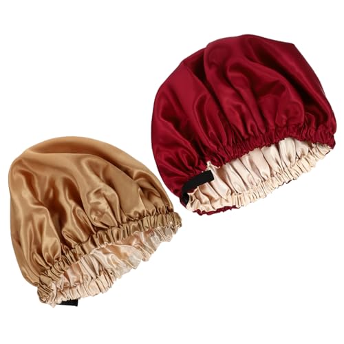 BIUDECO 2 Stück Teiliges Satin Schlafhauben Verstellbar mit Elastischem Band Doppellagig Haarschonend für Damen mit Langen Haaren für Nachtpflege Make Up und Hausarbeit Farben Weinrot und von BIUDECO