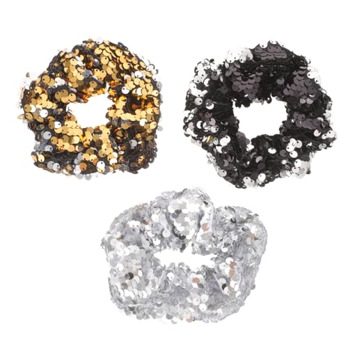 BIUDECO 3 Stück Pailletten Haargummis Damen Elastische Scrunchies für Pferdeschwanz Weich Schonend Modisch Silber Schwarz Goldfarbene Haarschleifen für Mädchen und Frauen von BIUDECO
