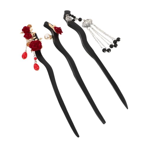 BIUDECO 3stücke Rosenhaarnadel Aus Holz Chinesische Haarnadel Mit Quaste Blumen-vintage-haarstäbchen Für Dutt Traditionelle Kopfbedeckungen Haargabel Im Asiatischen Stil Für Frauen Und von BIUDECO