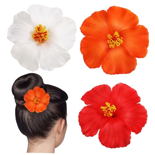 BIUDECO 3 Teiliges Haarklammer mit Hawaii Blumen Bunte Haarspangen für Damen und Mädchen Einfache Anwendung Feine Verarbeitung Modisch für Sommer Party Urlaub in Weiß Rot Orange von BIUDECO