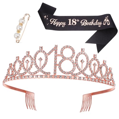 BIUDECO Geburtstag Tiara mit Strassstein Komfortable Party Krone und Schärpe mit Perlen Pin Einzigartiges Geburtstags Accessoire für Mädchen Prinzessinnen Deko für Feier von BIUDECO