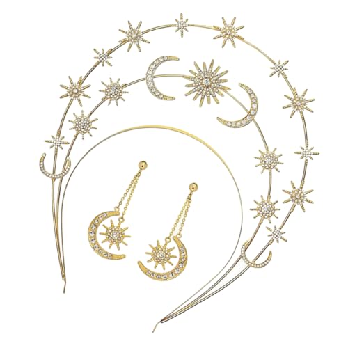 BIUDECO Goldfarbenes Stern Mond Haarband und Ohrringe Mehrlagiges Göttinnen Crown Headpiece Langlebiges Legierungsdesign Funkelnder Brautschmuck Geeignet für Hochzeit Party Damen und von BIUDECO
