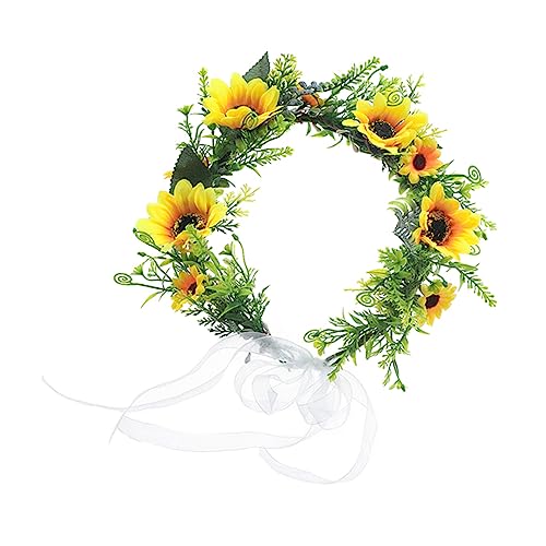 BIUDECO Sonnenblumengirlande Sonnenblumen-girlanden-stirnband Halo-kopfschmuck Mit Schleife Stirnbänder Sonnenblumen-kopfschmuck Für Frauen Sonnenblumenkrone Foto Damen Stoff Grüne Blätter von BIUDECO