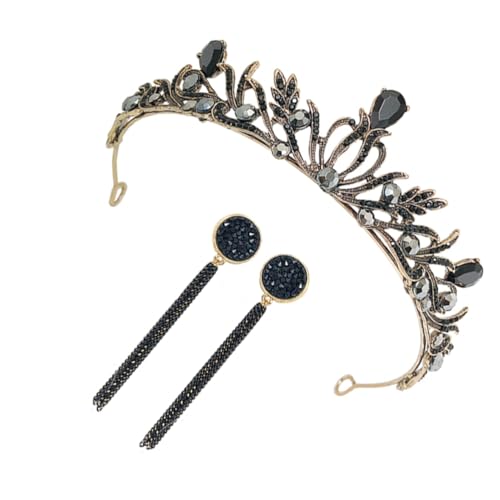 BIUDECO Vintage Barock Braut Krone Haarband aus Langlebiger Legierung mit Ohrringen Eleganter Schwarzer Hochzeitsschmuck für Geburtstag Kommunion und Festliche Anlässe von BIUDECO