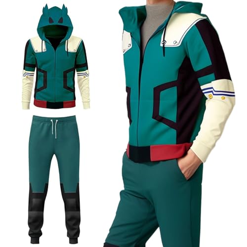 BIUTEY Anime Mha Hoodie und Sweatpants Midoriya Izuku Cosplay Kapuzenpullover Sweatsuit Jogger Herren Trainingsanzüge 2-teiliges Set, Blau-a, Medium von BIUTEY
