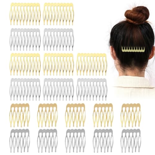 20 Metall-Seitenkämme (10 & 6 Zähne) für Schleier, französische Damen-Seitenkämme mit Zähnen für Haarschmuck mit silbernem & goldenem Dutt-Clip von BIVBWQU