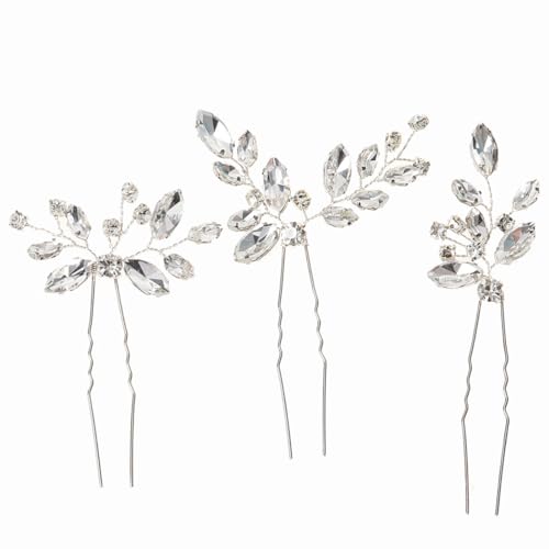 3 Stück Silber Kristall Haarschmuck Bride Wedding Hair Pins Kopfschmuck Hochzeit Haarspangen Blätter Hochzeit Haarnadeln U-Förmig Hochzeit Haarspangen für Frauen Mädchen von BIVBWQU