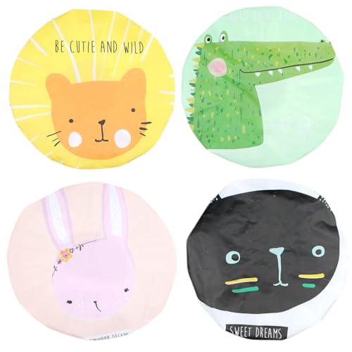 4 Stück Duschhaube Damen Kinder, Flexible Duschhauben, Duschhaube mit niedlichen Mustern, Wiederverwendbare Dusch-Haarhaube von BIVBWQU