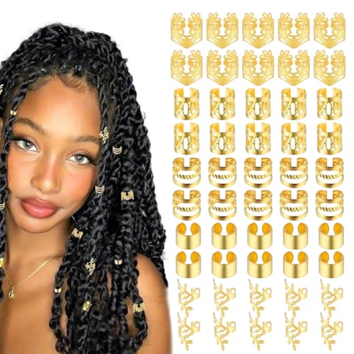 50 Stück Dreadlock-Perlen, Spiralclips, Dreadlock-Perlen, Haarschmuck, Haarzopfperlen, verstellbare Zopfringe, Clips für Frauen, Männer, Gold von BIVBWQU