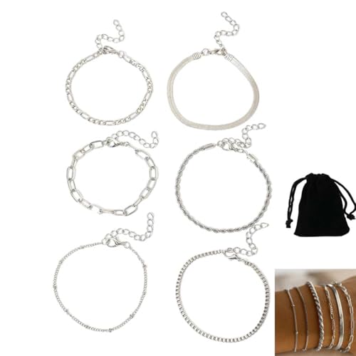 6 Stück Ketten Armbander für Damen Armband Figaro Kubanische Schlangenketten Armband Stapelbare Silber Armband Set für Damen Armband Boho Armbander Set für Damen Mädchen von BIVBWQU