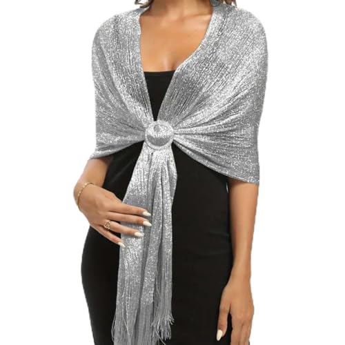 Funkelnde metallische Tücher und Wickel, Schimmernder Schals und Wraps mit Fransen Schal Silberner Schal für die Abendparty Formale Kleider Hochzeit Brautjungfer (mit kostenloser Schalschnalle) von BIVBWQU