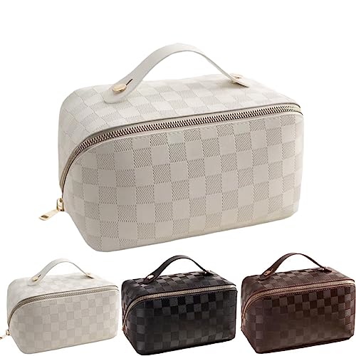 BIVIZKU Große tragbare Make-up-Tasche, tragbare Reise-Kosmetiktasche für Frauen und Mädchen, Geschenk, Make-up-Tasche, tragbare Reißverschlusstasche, Weiß Beige-kariert, Stilvolle tragbare von BIVIZKU