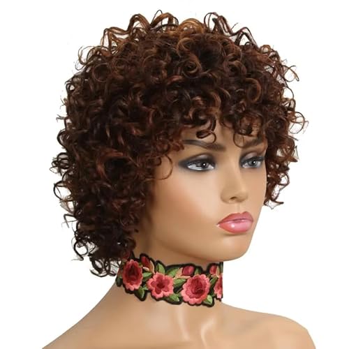 Perücke Kurze lockige Perücke mit Pony, Pixie-Schnitt, farbige brasilianische Echthaar-Perücken für Frauen, Ombre, Schwarz, Braun, Jerry Curl, volle Perücke Perücke Kurze lockige Perücke mit Pony, Pixie-Schnitt, farbige brasilianische Echthaar-Perücken für Frauen, Ombre, Schwarz, Braun, Jerry Curl, volle Perücke von BIVVI