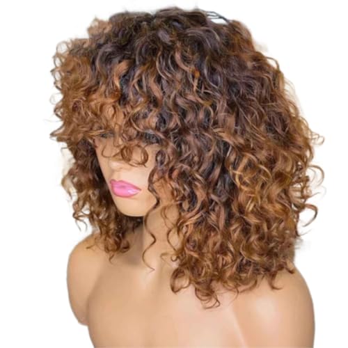BIVVI Lockige Echthaar-Perücke mit Pony, kurzer Bob, lockig, voll maschinell hergestellte Perücken für Frauen, brasilianische Remy-Fransenperücke von BIVVI