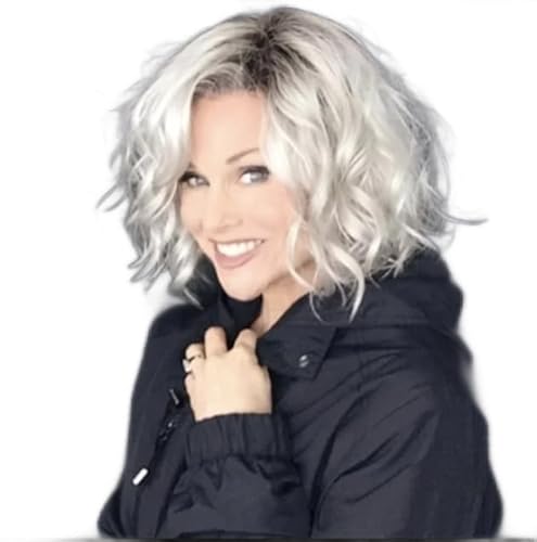 Perücke Modische kurze synthetische Perücken für Damen mit Pony, Pixie-Schnitt, flauschiges blondes Ombre-Haar, Party-Perücken, natürlich wie echtes Haar, Mama-Perücke von BIVVI