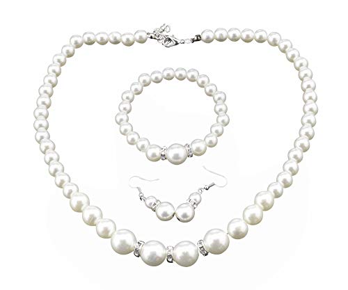 3tlg. Perlen Schmuck-Set Perle Halskette Ohrringe Armband Damen Schmuck Hochzeit Braut Schmuckset Cremeweiß von BIYM