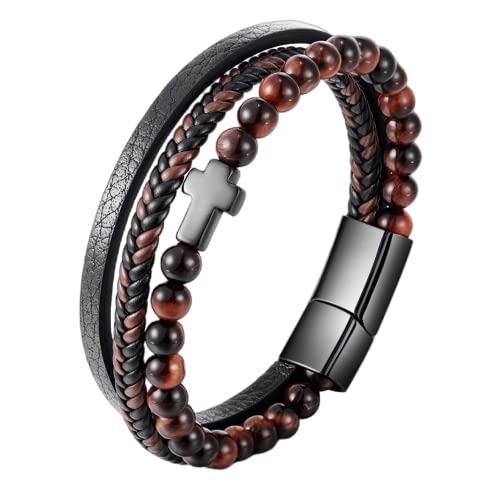 BIYONGDE Schwarzer geflochtener Lederarmreif für Herren, Edelstahl Kreuz Perlen Kette, Leder, Tigerauge BIYONGDE Schwarzer geflochtener Lederarmreif für Herren, Edelstahl Kreuz Perlen Kette, Leder, Tigerauge von BIYONGDE