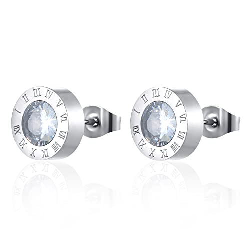 BIYONGDE Solitär-Ohrstecker mit kubischen Zirkonia, mit römischen Zahlen, für Herren und Damen, Stahl, 10 mm, Edelstahl, Zirkonia BIYONGDE Solitär-Ohrstecker mit kubischen Zirkonia, mit römischen Zahlen, für Herren und Damen, Stahl, 10 mm, Edelstahl, Zirkonia von BIYONGDE