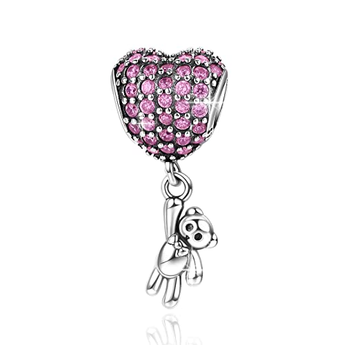 BIZK Damen Rosa Herz Bär Charm Anhänger für Armband 925 Sterling Silber Charm Bead Pendant für Europäische Armbänder und Halsketten (Rosa Herz Bär) von BIZK