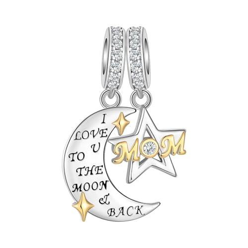 BIZK Mom I Love U To The Moon & Back Charm-Anhänger für Armband 925 Sterling Silber Charm Bead Pendant für Europäische Armbänder und Halsketten von BIZK