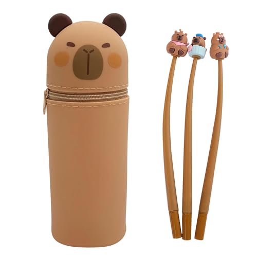 BIZOI Silikon Federmäppchen Capybara, 2 in 1 Federmäppchen aus Weichem Silikon, Kawaii federmäppchen, Capybara Stand Up Tischstifthalter mit 3 Stifte, Stand Up Schulmäppchen Mädchen Junge Kinder von BIZOI