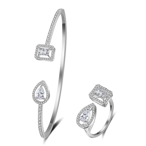 BIZTTLOG Verstellbares Ring- und Armbandset for Damen in quadratischer und birnenförmiger Form | Schmuck aus offen geschliffenem Zirkonia | Schlichte, stapelbare Geschenkbox(Silver) von BIZTTLOG